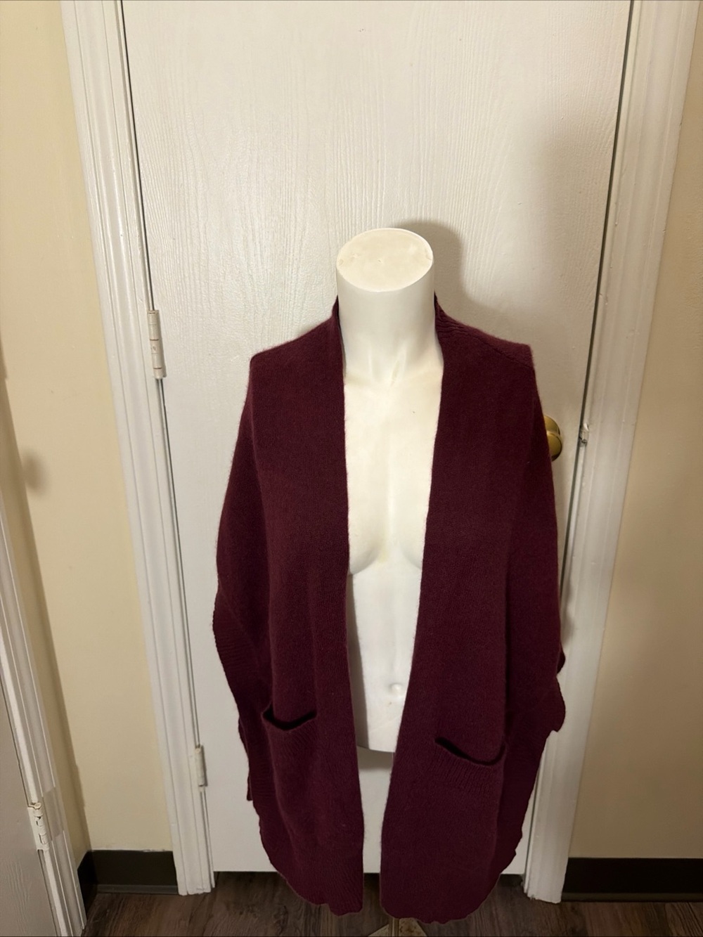 Halogen 100% Cashmere Open Front Cardigan Sweater Burgundy One Size Pockets
